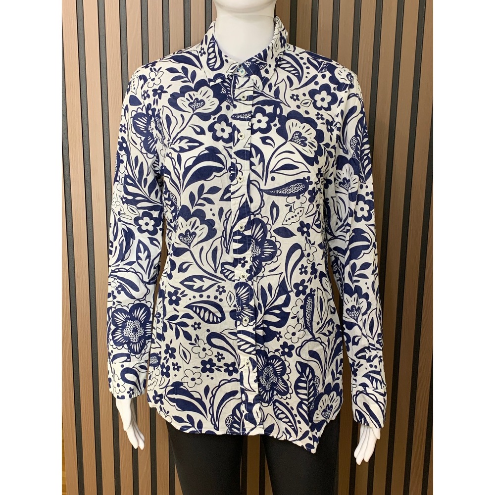 Talbots Women's Medium Blue White Floral Paisley Cotton Button Down Shirt Top